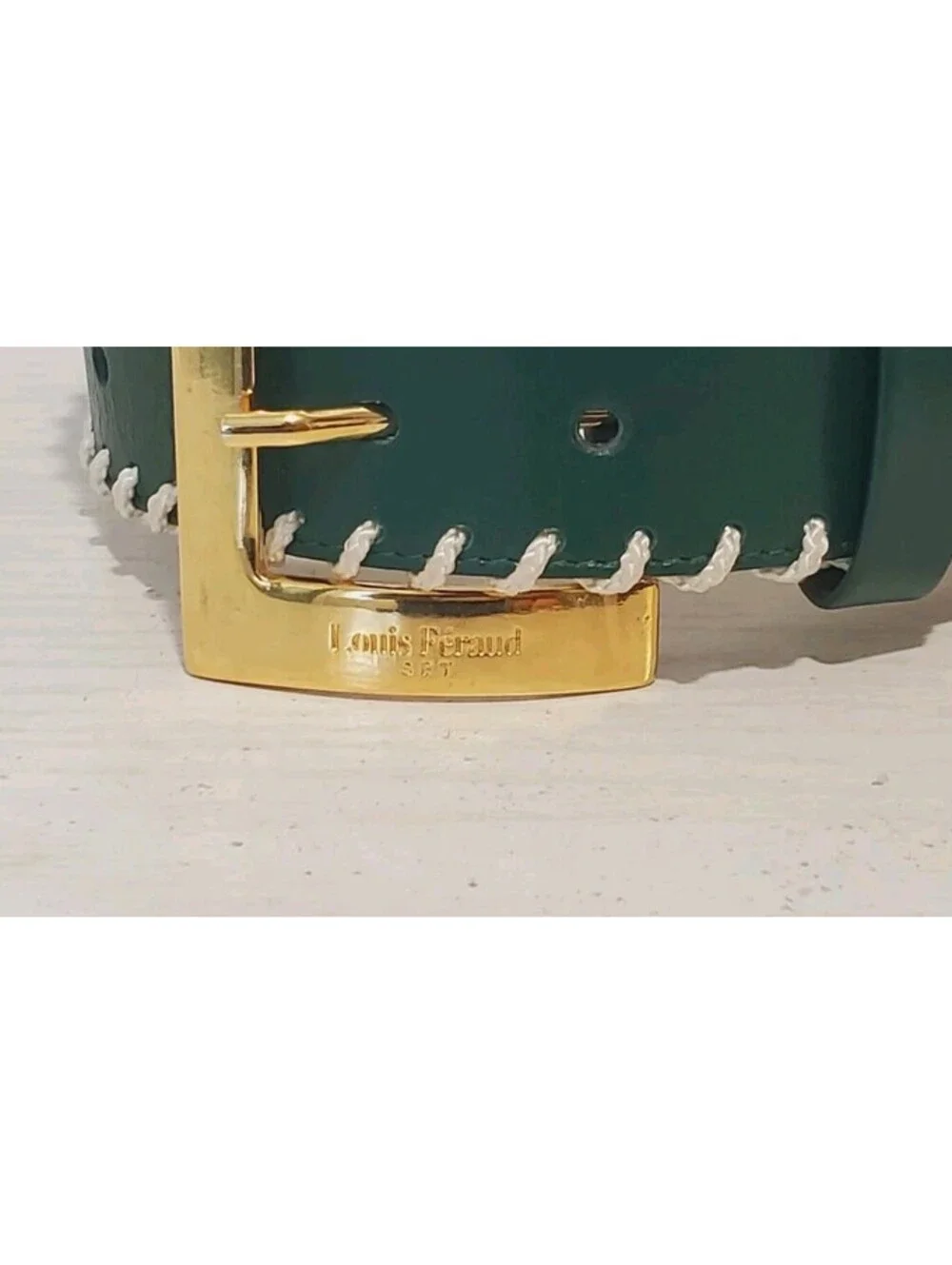 LOUIS FERAUD Green Leather Belt Beige Whipstitch Paris France Golden Buckle